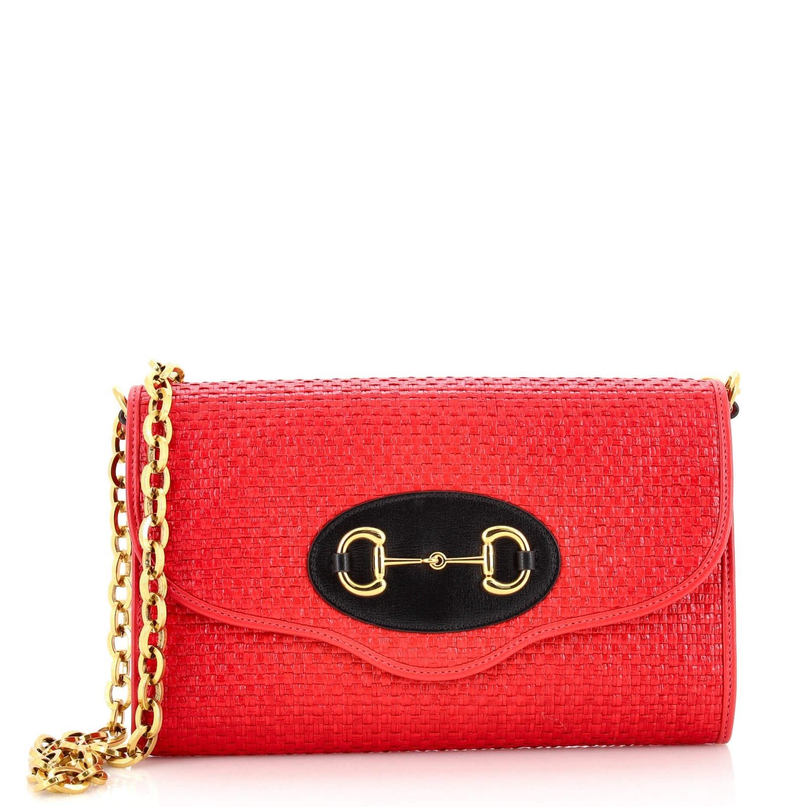 image of Gucci Horsebit 1955 Curved Flap Shoulder Bag Raffia Small in Red, Women's