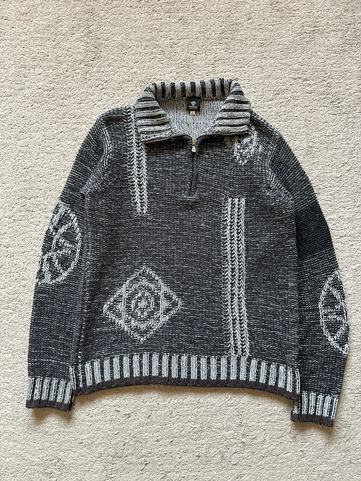 image of Gianni Versace x Versace 2000S Versace Heavy Cable Knitted Sweater in Black/Grey, Men's (Size Large