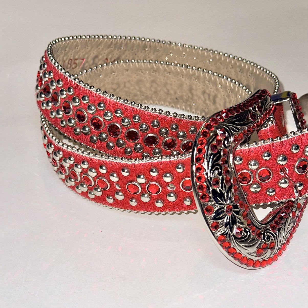 B.B. Simon BB Simon Red Crystal Pony Hair Belt Size 34 - 8 Thumbnail