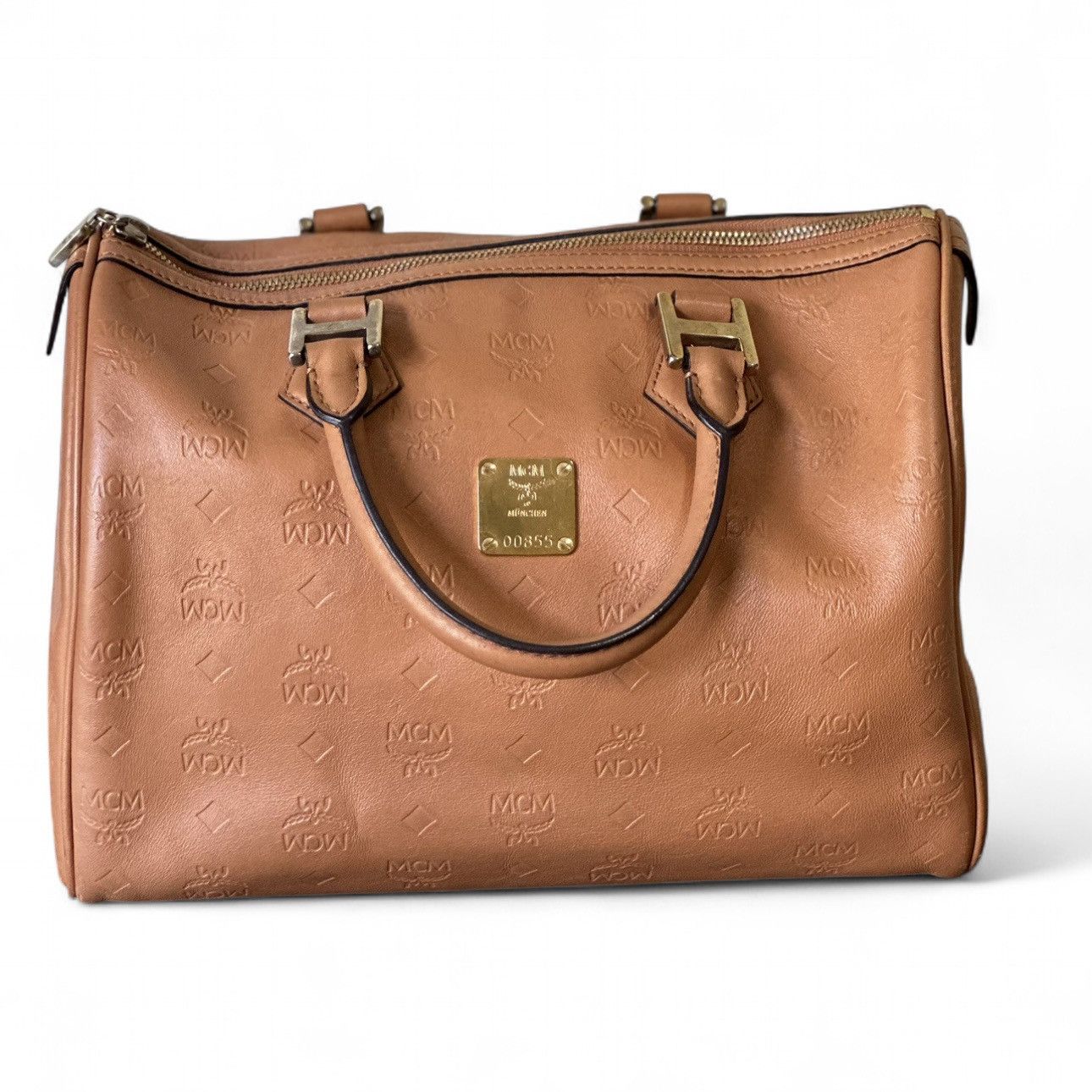 MCM Rare Embossed Leather Boston Bag-Cognac (Mint COA)