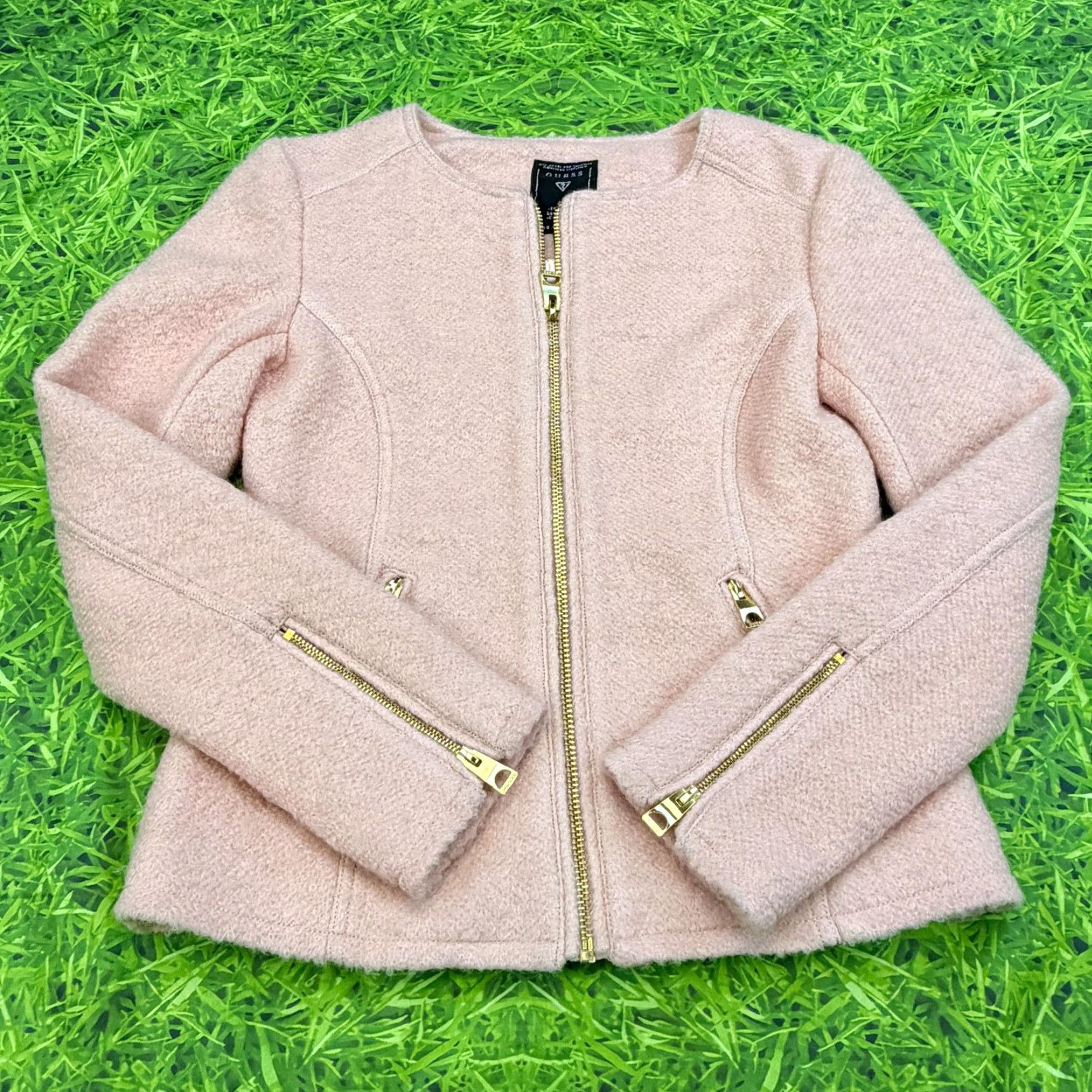 Guess Guess Jacket Womens Small Pink Wool Blend Moto Biker Gold Zipper Lined Coat Size S / US 4 / IT 40 - 3 Thumbnail