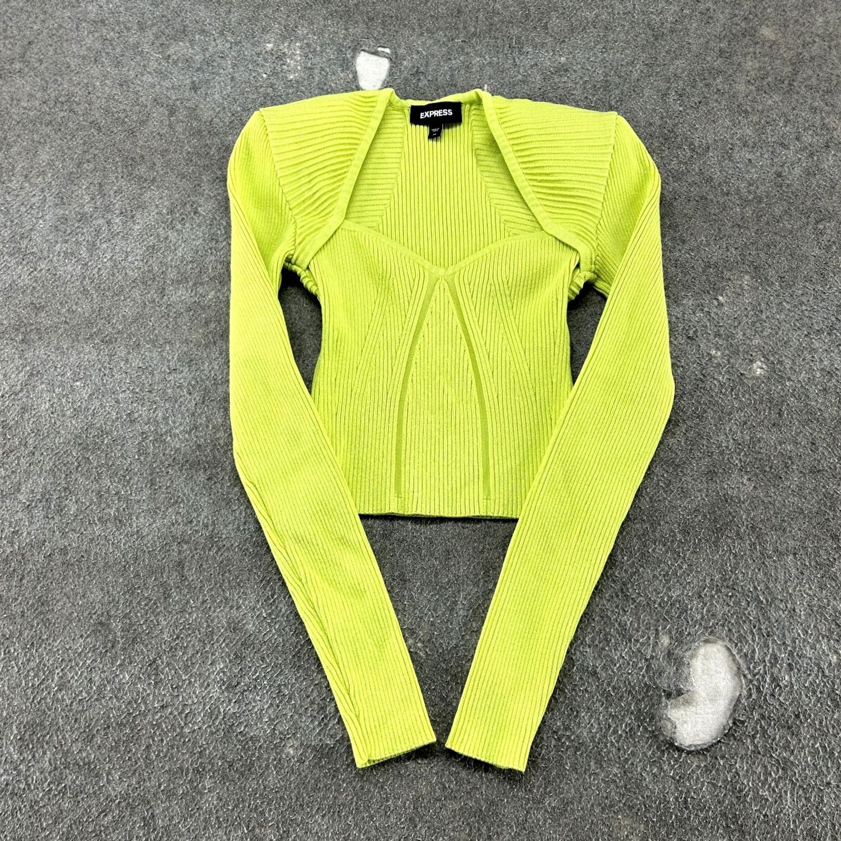 Express VINTAGE Express Top Womens XS Green Long Sleeve Ribbed Knit Padded Contour Y2K Size XS / US 0-2 / IT 36-38 - 2 Thumbnail