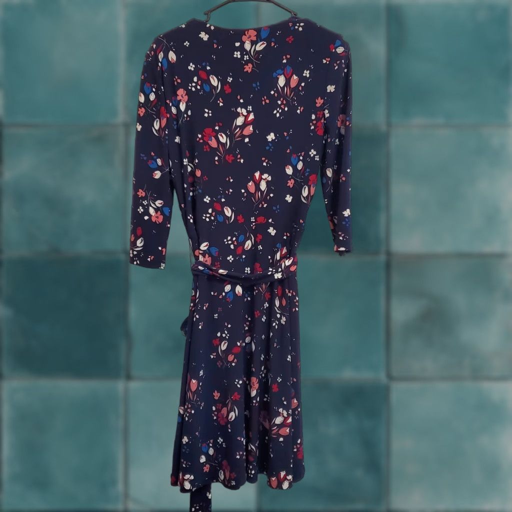 Ralph Lauren Lauren Ralph Lauren Dress Women 8 Navy Blue Floral Midi Faux Wrap 3/4 Sleeve Tie Size M / US 6-8 / IT 42-44 - 1 Thumbnail