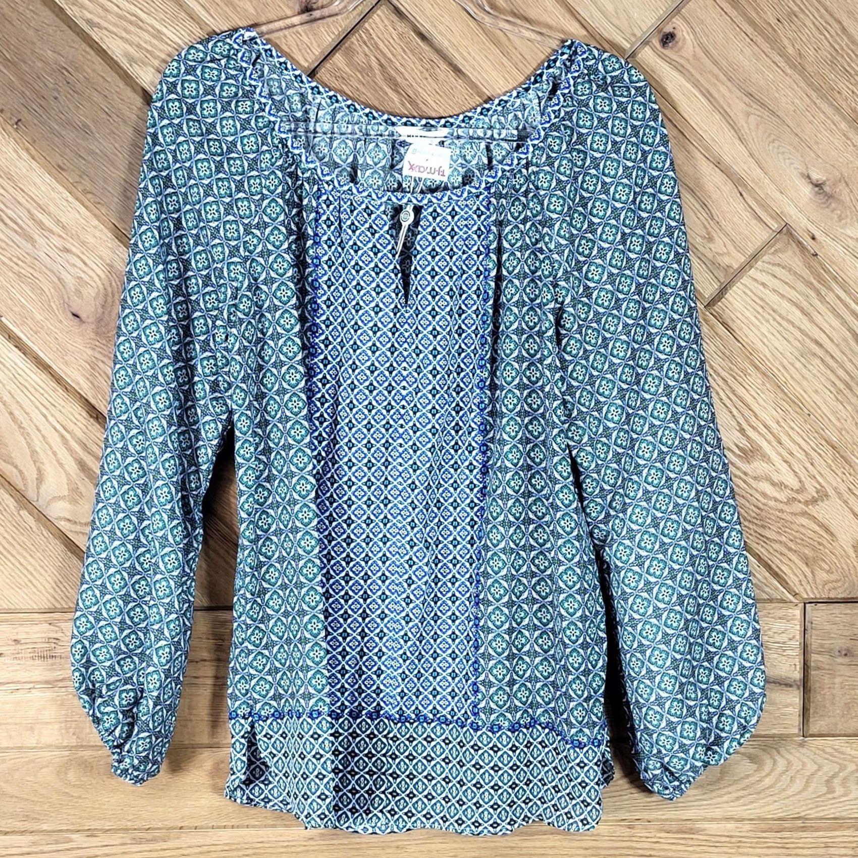 Vintage Max Studio Womens Medium Geometric Blouse - Blue Boho Peasant Size M / US 6-8 / IT 42-44 - 3 Thumbnail