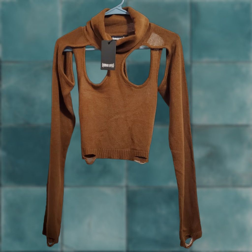 Dolls Kill Dolls Kill Darker Wavs Sweater L Brown Knit Cutout Crop Turtleneck Necklace Punk Shirt Womens Knit Pullover 90s Gothic Distressed Raglan Long Sleeve Size L / US 10 / IT 46 - 1 Thumbnail