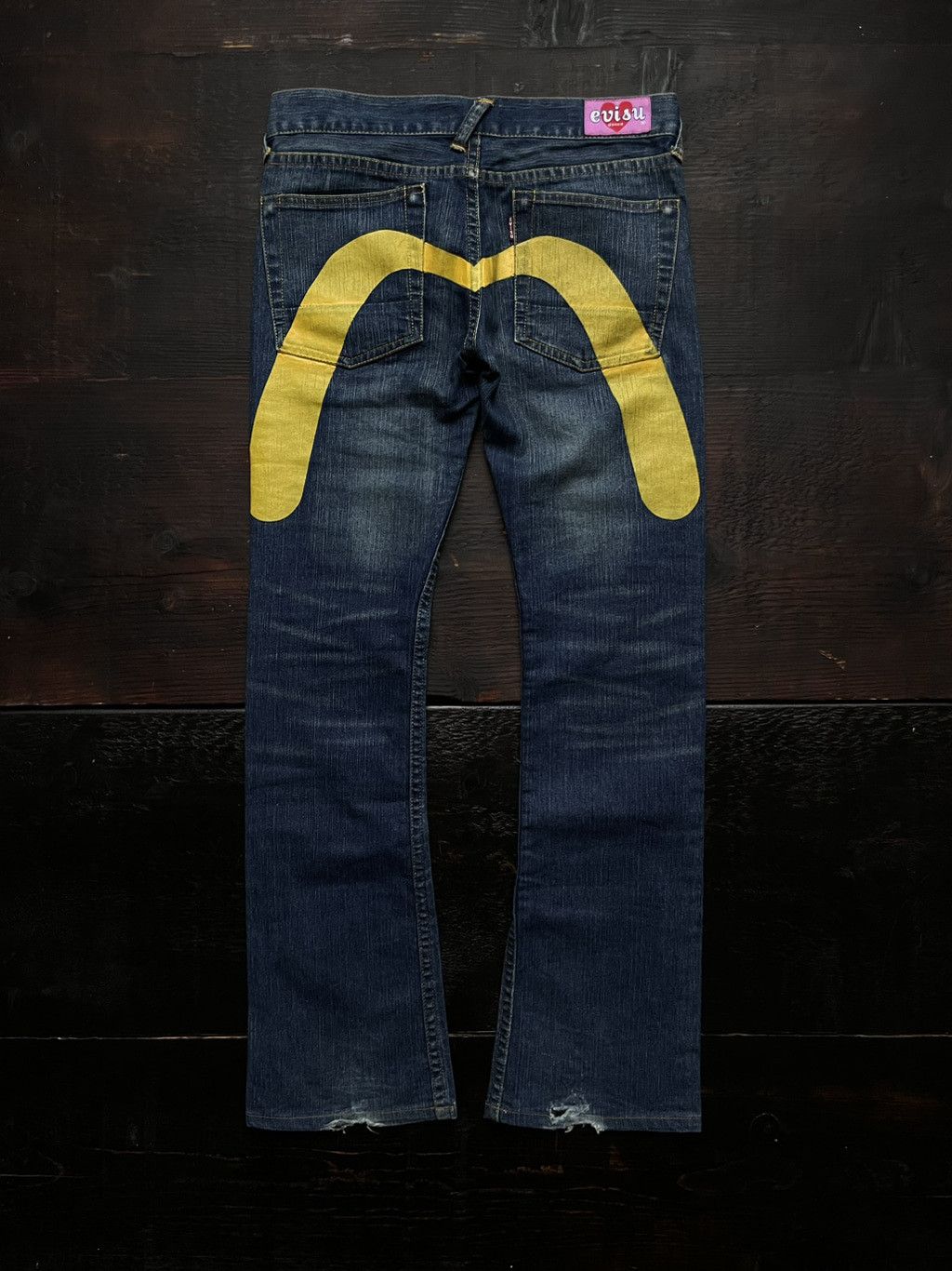 image of Evisu Donna Mini Diakoku Flared Jeans in Blue/Yellow, Women's (Size 24)