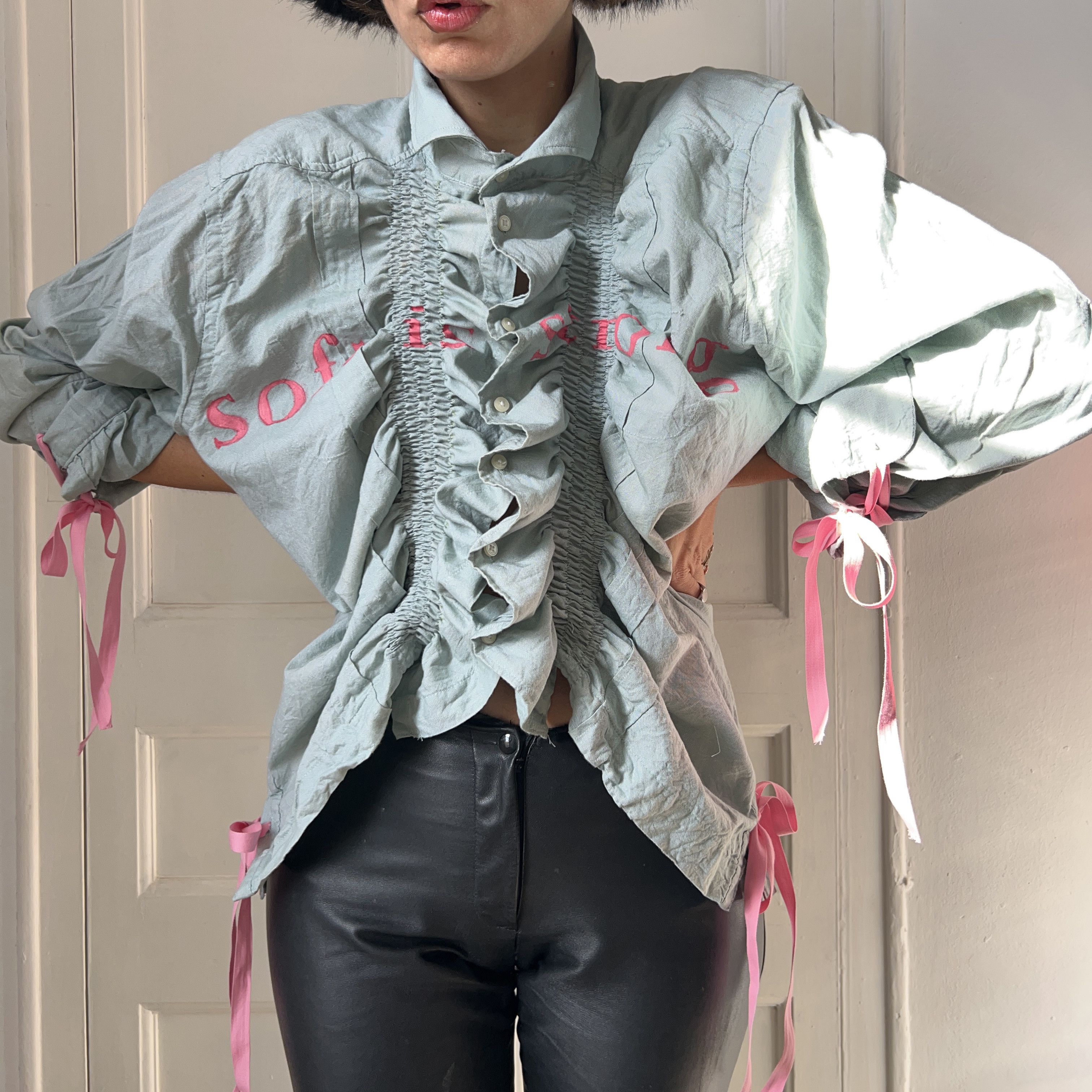 Custommade Reworked Vintage Ruffle Gren Shirt with Tied Cuffs Size XL / US 12-14 / IT 48-50 - 4 Thumbnail