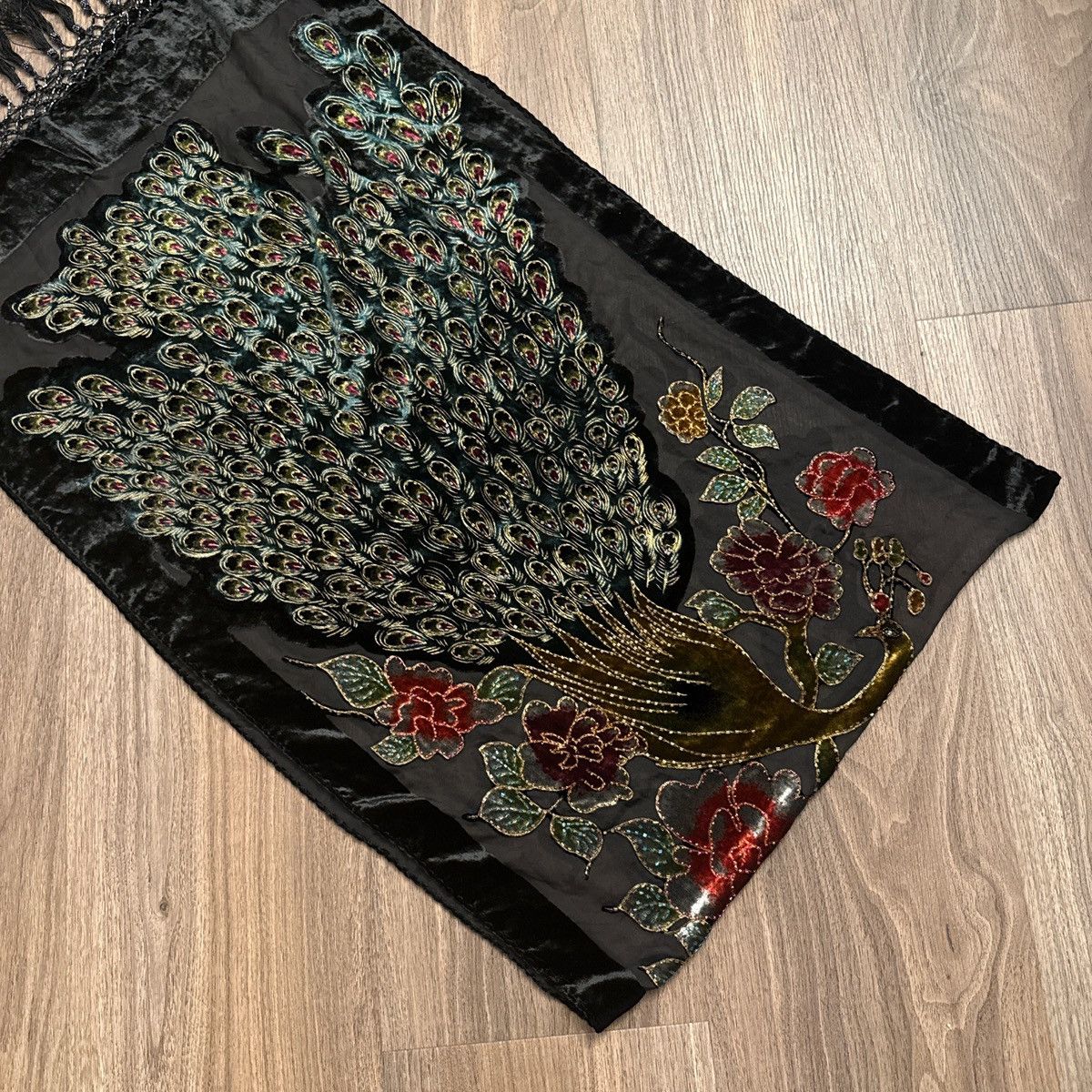 Vintage 100% silk, large fringe peacock, embroidered scarf Size ONE SIZE - 6 Thumbnail