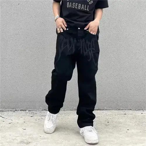 Other Retro Black Embroidered Letter Jeans Size US 33 - 1 Thumbnail