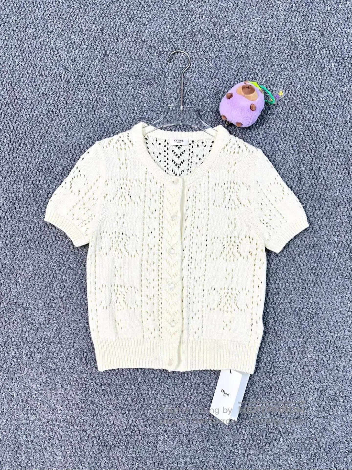 Celine CELINE Off-white mesh logo knitted short-sleeved sweater| Size M / US 6-8 / IT 42-44 - 1 Thumbnail