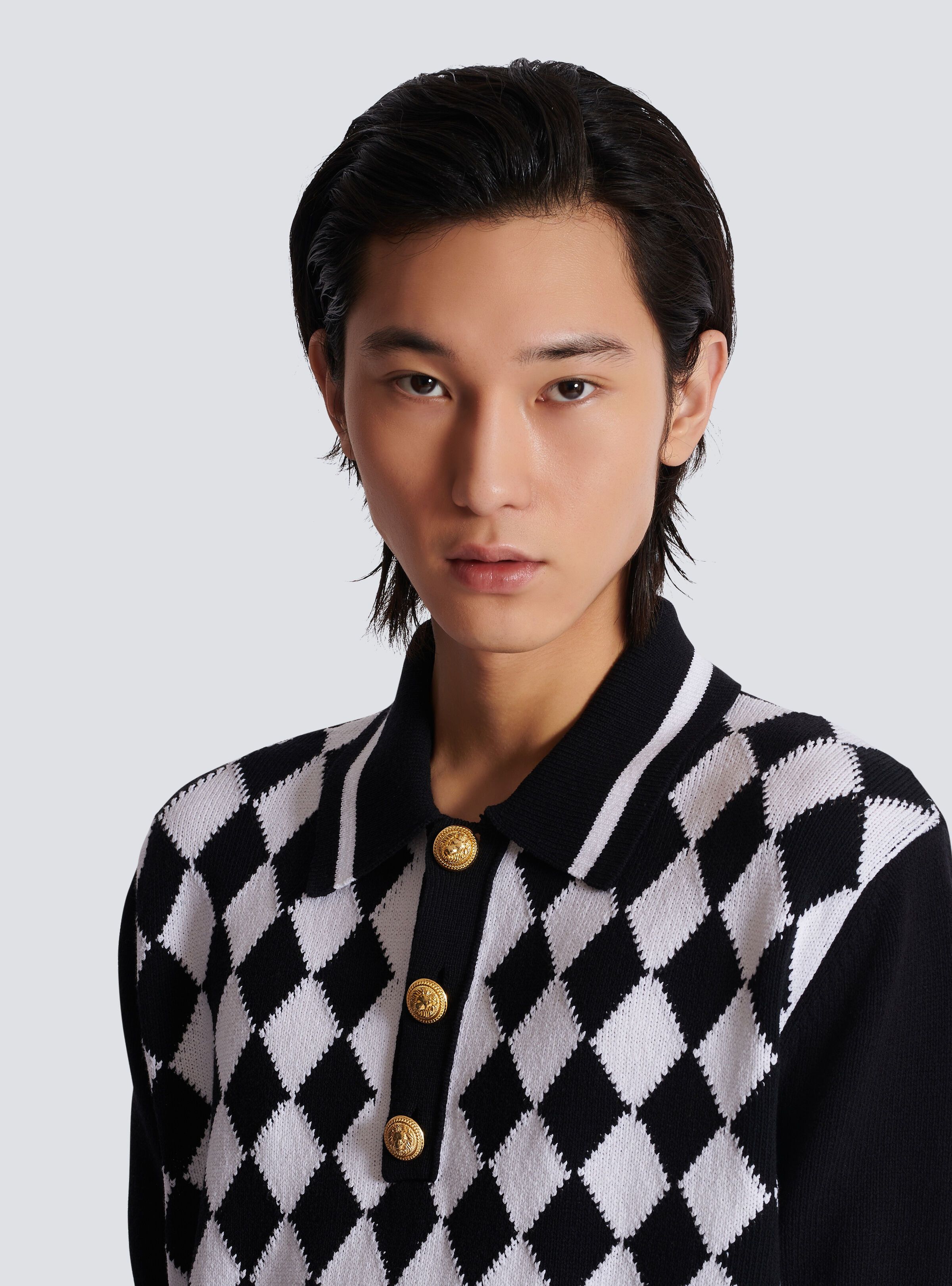 Balmain o1s1wg110925 Knitted Diamond Polo Shirt in Black/White Size US L / EU 52-54 / 3 - 8 Thumbnail