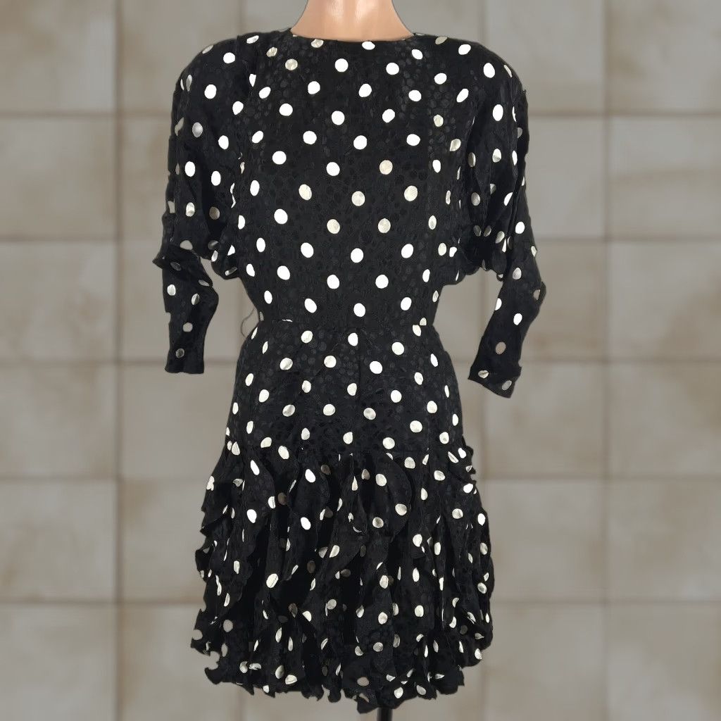 Vtg 80s Gillian Ruffle Blouson Dress Polka Dot Silk Drop Waist Cocktail sz 2