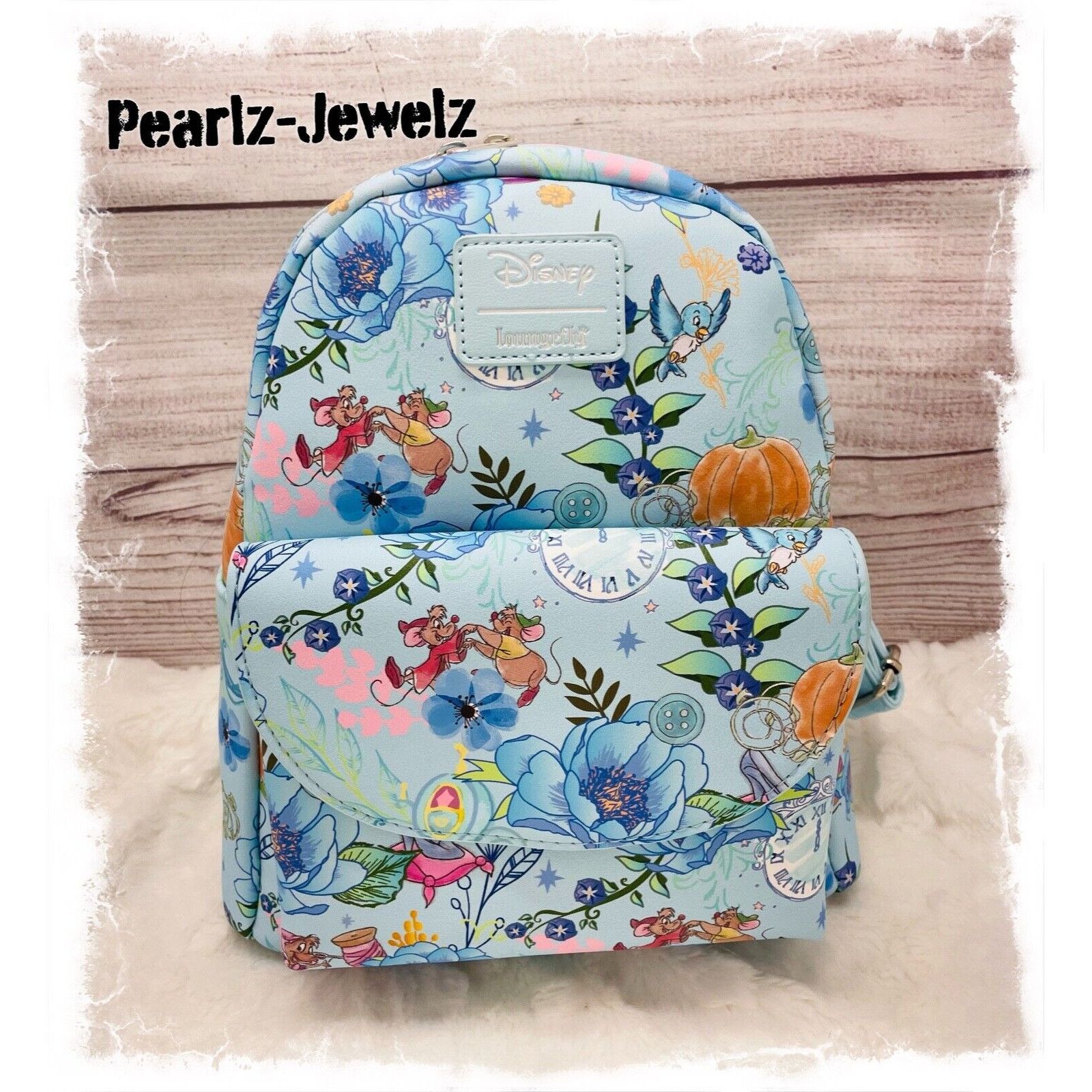 image of Loungefly Disney Princess Cinderella Gus Gus Blue Floral Aop, Women's