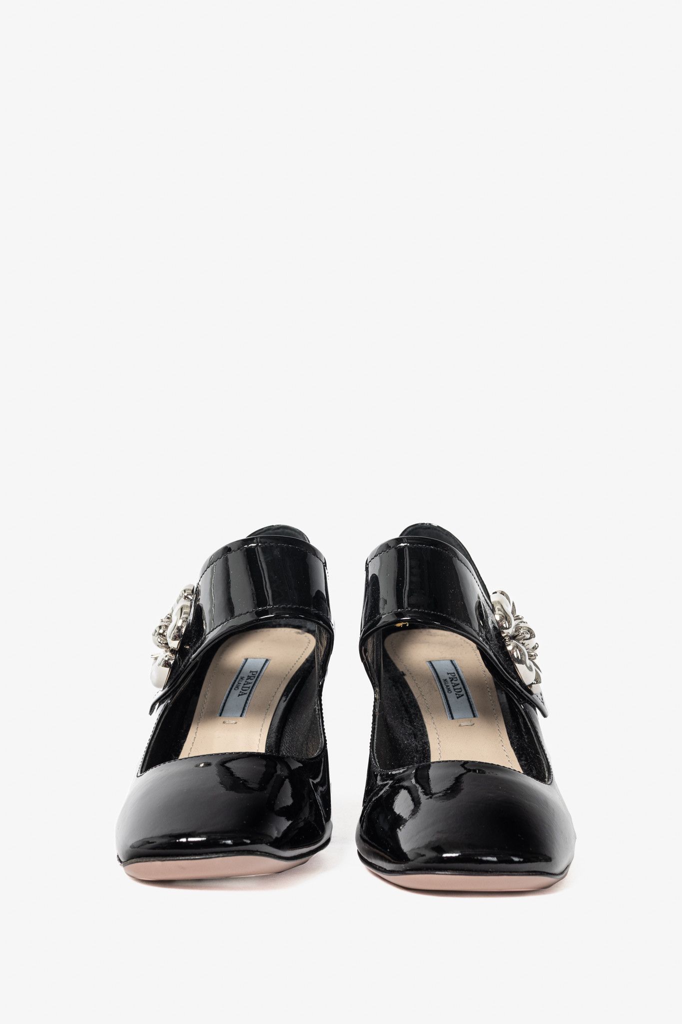 Prada Prada Nero Vernice Leather Flower Mary-Jane Pumps Size US 6 / IT 36 - 2 Thumbnail