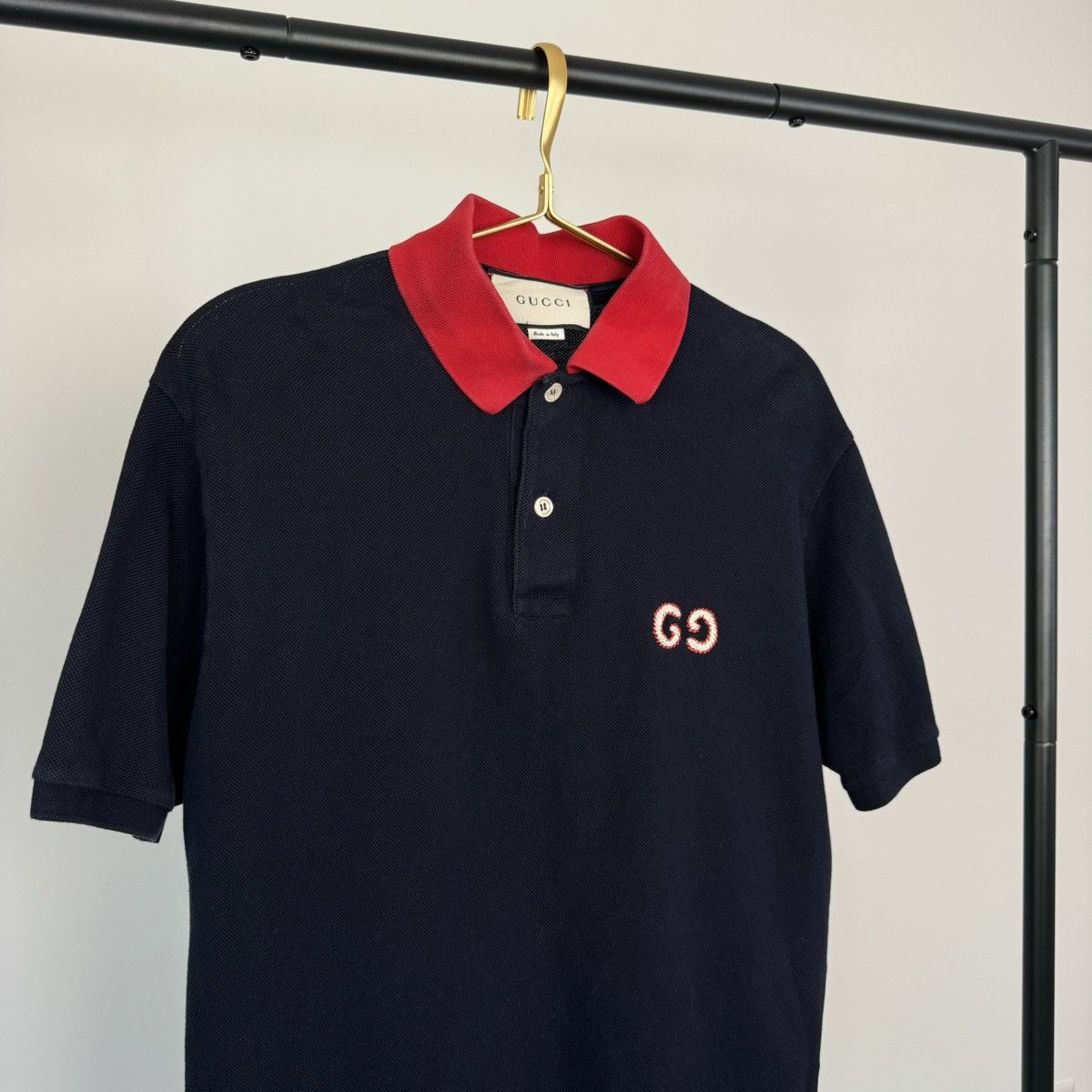 image of Gucci GG Logo Embroidered Polo Navy Blue - Red Collar, Men's (Size Small)