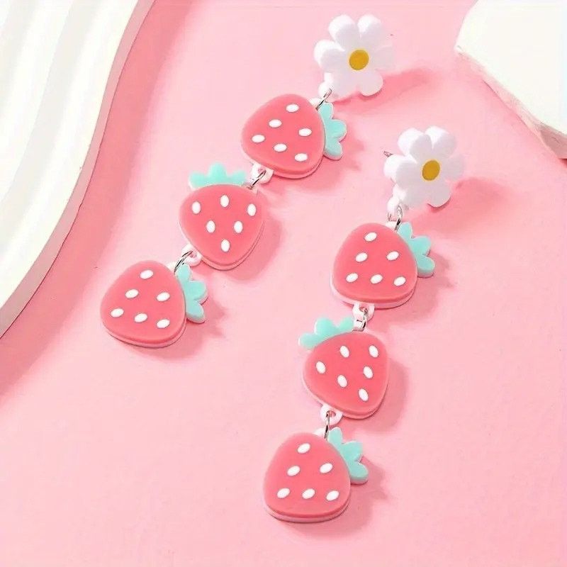 Other Cute Strawberry Dangle Earrings with Daisy Kawaii Earrings Size ONE SIZE - 3 Thumbnail