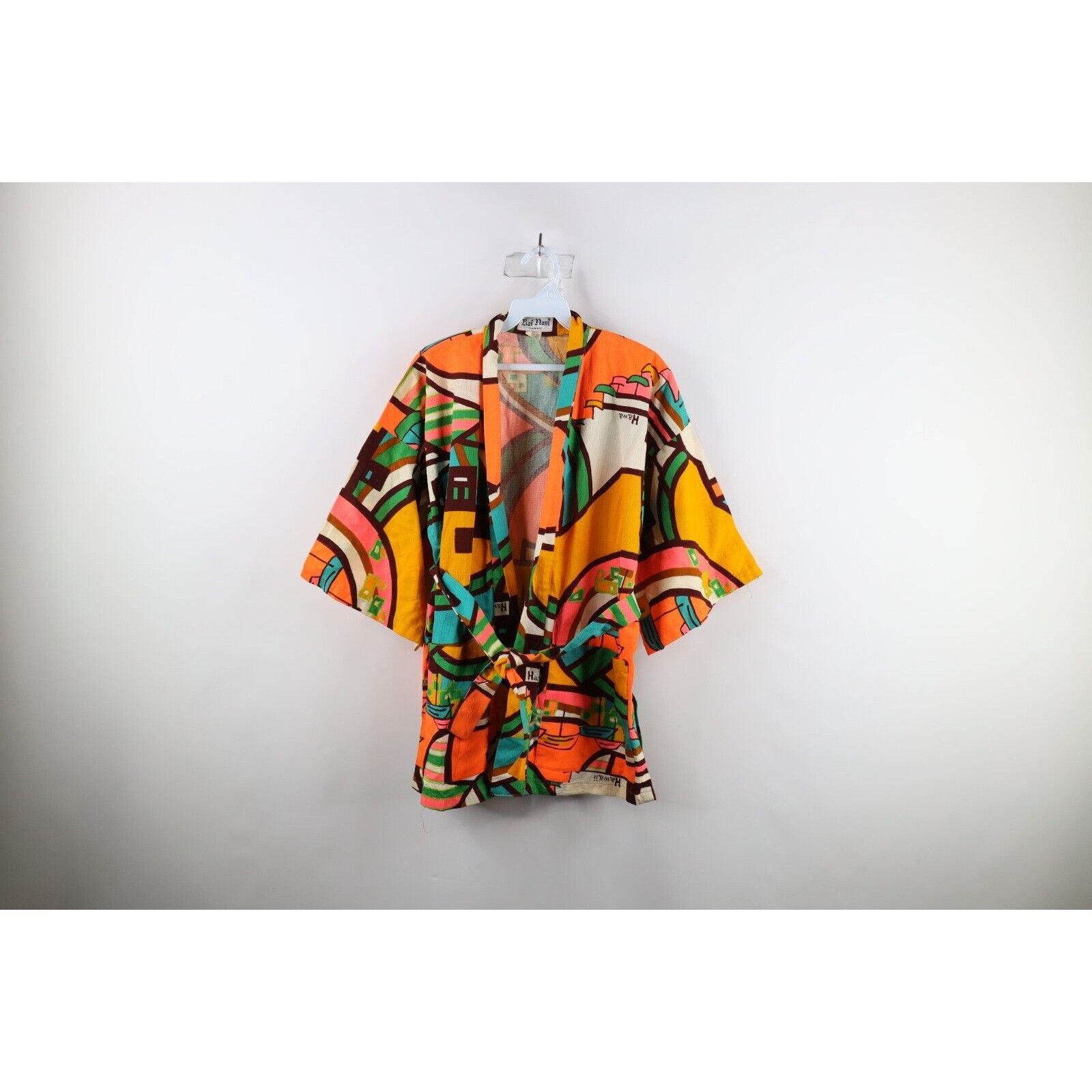 image of Vintage 50S 60S Abstract Rainbow Hawaii Barkcloth Robe, Women's