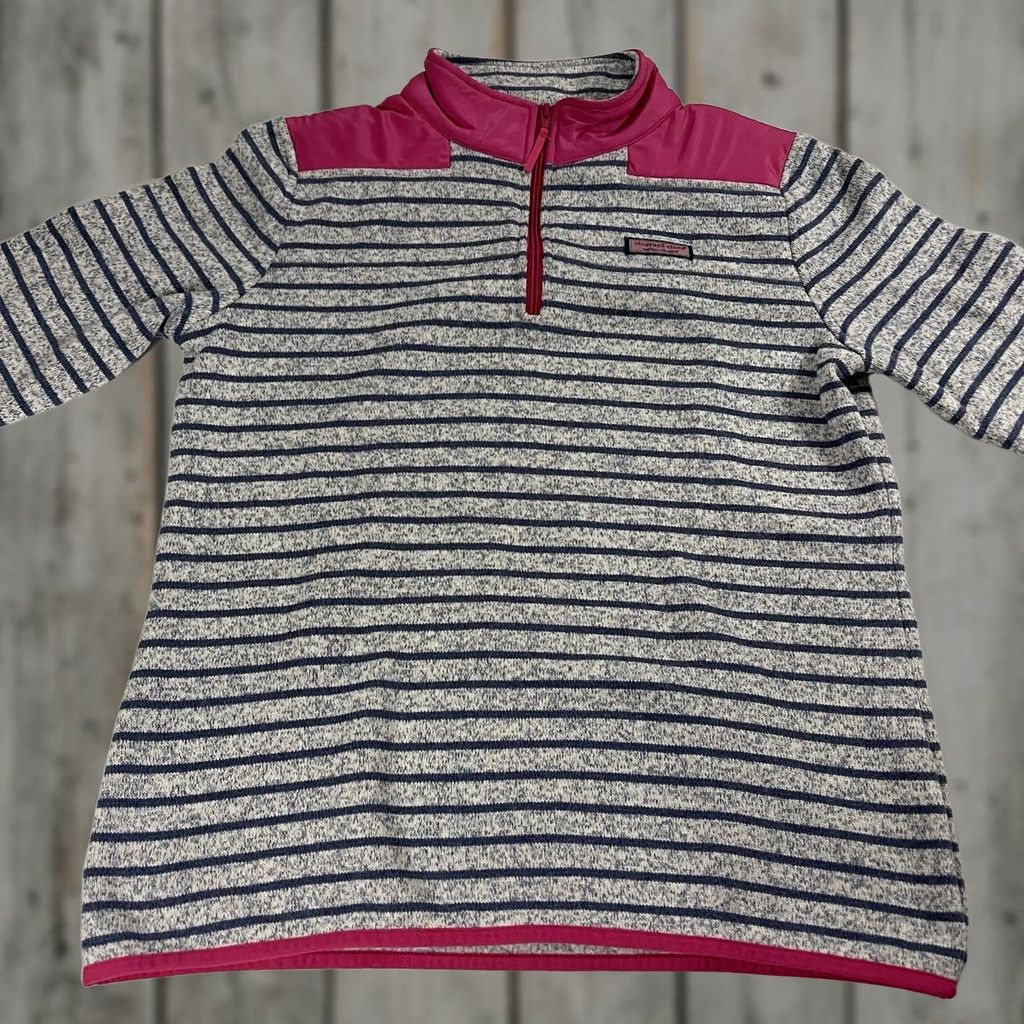 Vineyard Vines Vineyard Vines Women's M 1/4 Zip Sweater Logo Gray Stripes Mock Neck Pullover NY? Actually. Size M / US 6-8 / IT 42-44 - 1 Thumbnail
