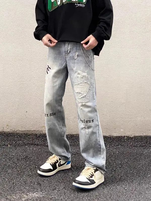 Japanese Brand Vintage washed embroidered ripped straight-leg jeans Size US 31 - 4 Thumbnail