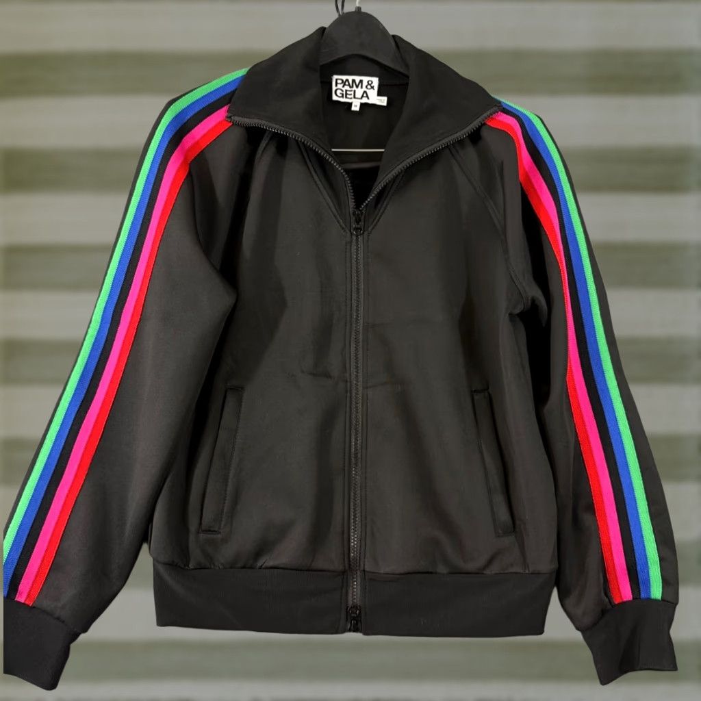 Rainbow Pam & Gela Track Jacket Womens M Black Full Zip Rainbow Sleeve Pockets Size M / US 6-8 / IT 42-44 - 1 Thumbnail