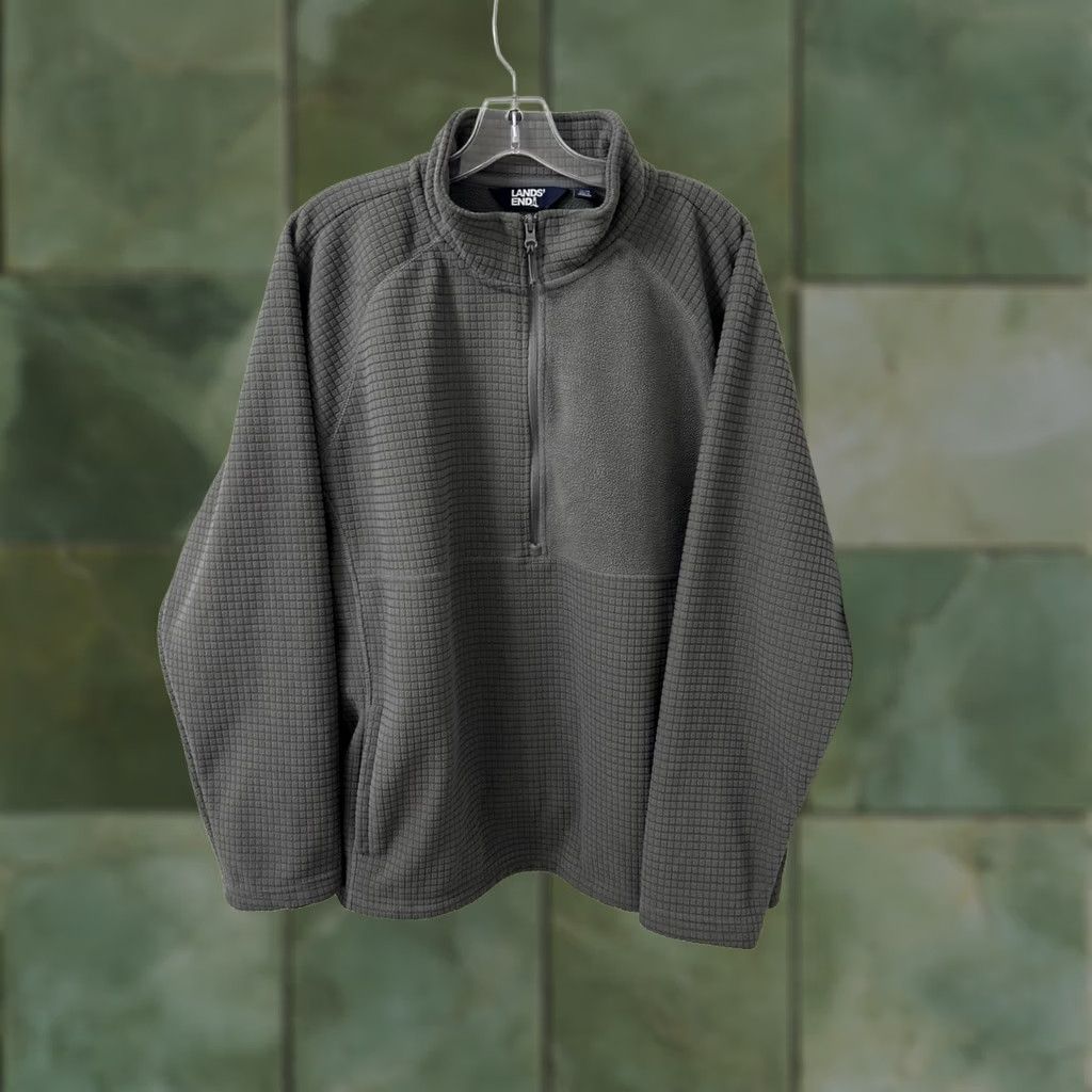 Lands' End Lands' End Mens XL Fleece Pullover 1/4 Zip Grid Knit Mock Neck Jacket L/S Gray Wool? Size US XL / EU 56 / 4 - 1 Thumbnail