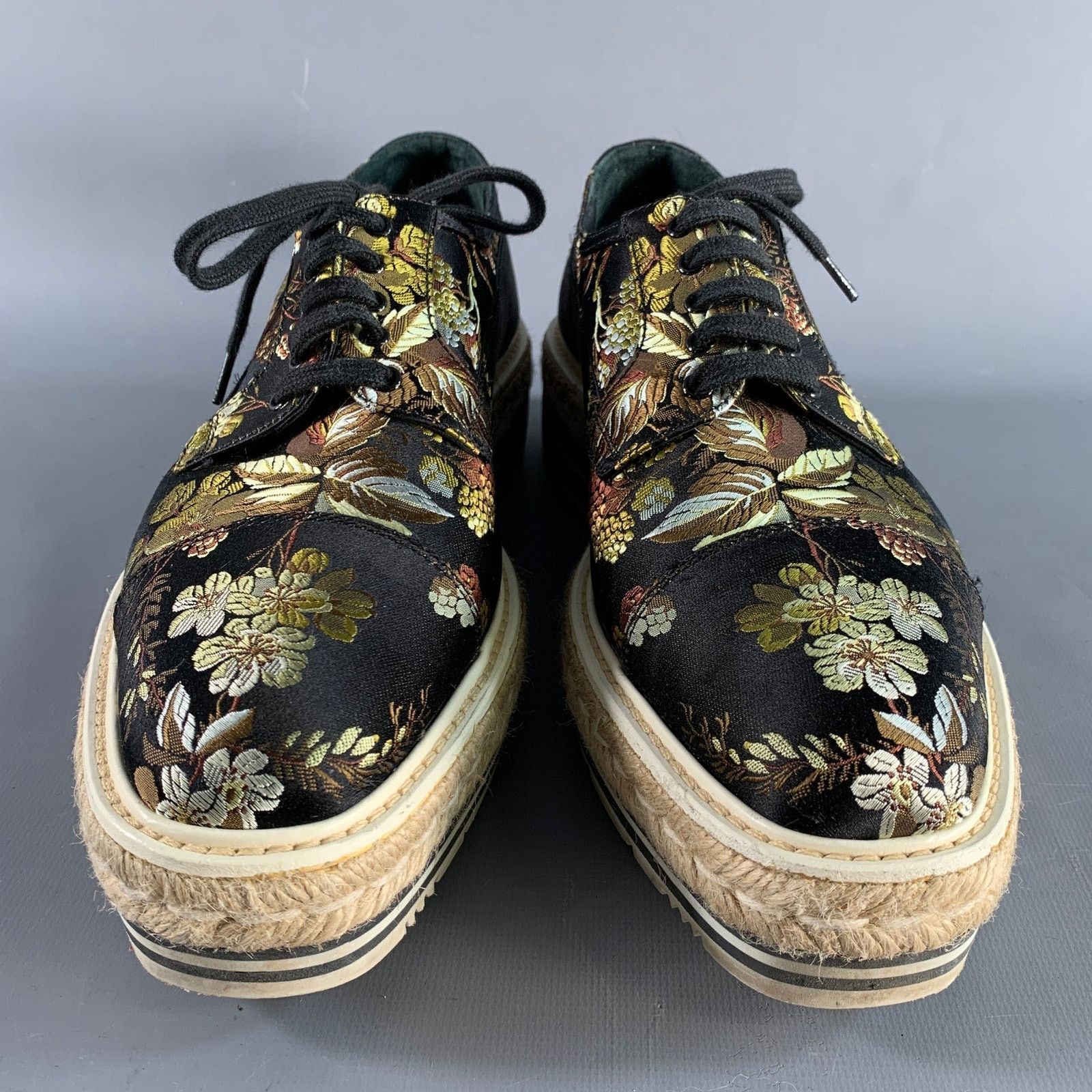 Prada PRADA Black Multi-Color Jacquard Floral Platform Laces Size US 11 / IT 41 - 4 Thumbnail