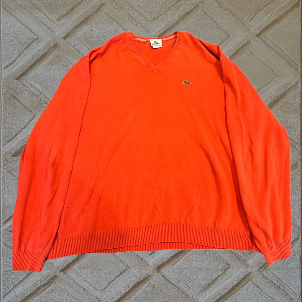 Lacoste Mens Sweater 2XL Red Orange V-Neck Long Sleeve Pullover Cotton Colorful, Men's (Size Xxl)