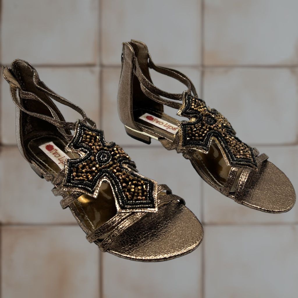 Vintage Two Lips Womens Flat Sandals Open Toe Rhinestone Cross Bronze 7.5 Women Shoes Size US 8 / IT 38 - 1 Thumbnail