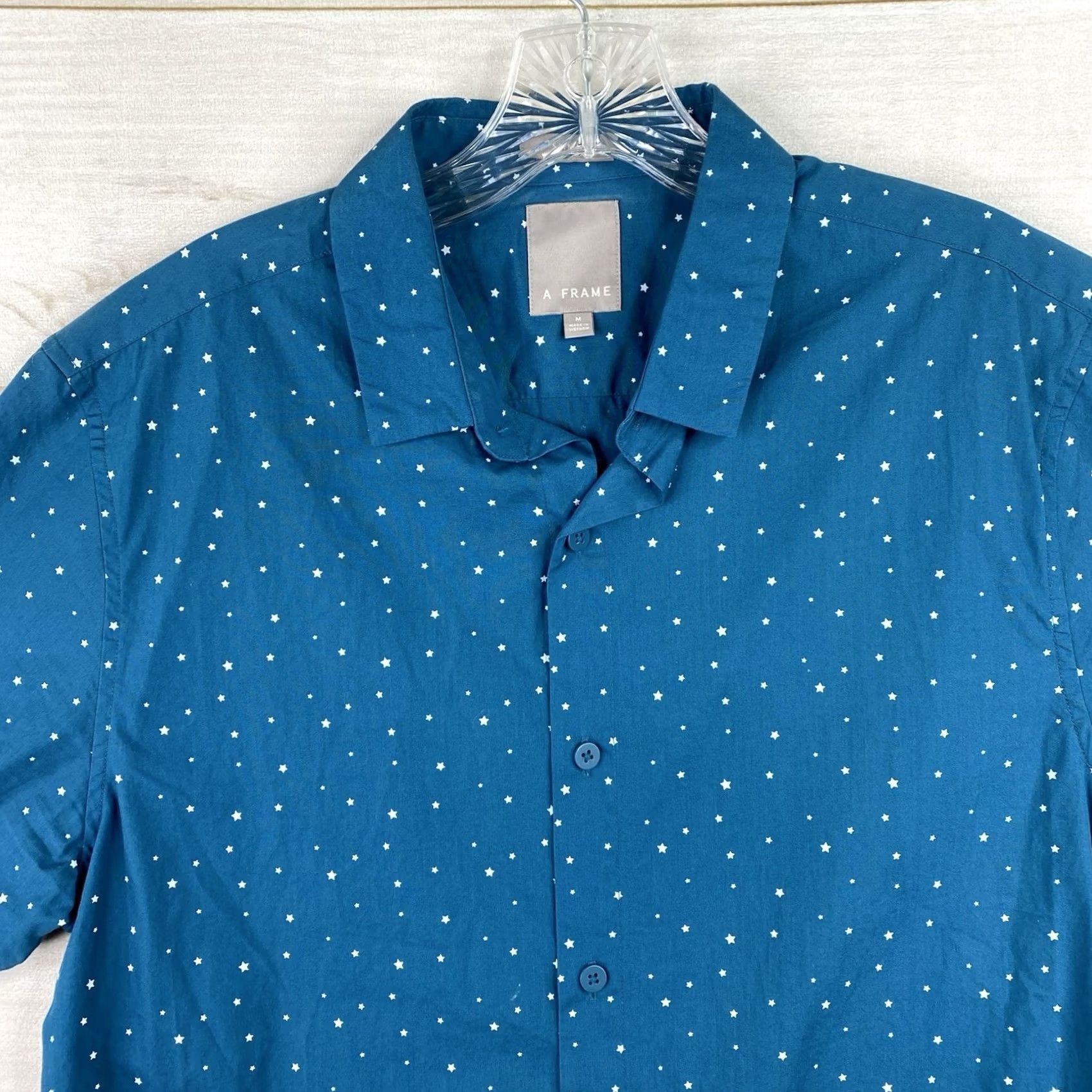 Frame A Frame Button-Up Shirt Mens M Blue Stars Print Short Sleeve Cotton Geometric Collared Casual Workwear Size US M / EU 48-50 / 2 - 2 Thumbnail