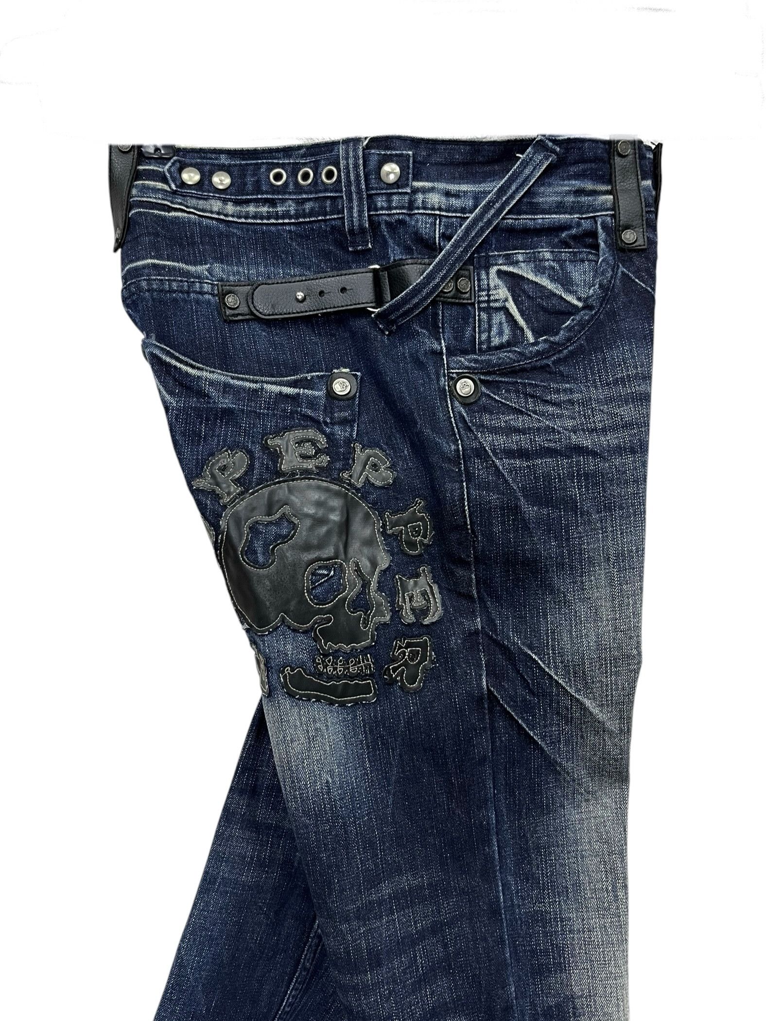 Japanese Brand 🔥 90’s RED PEPPER Punk Skull Distressed Dark Blue Slim Fit Size US 31 - 2 Thumbnail