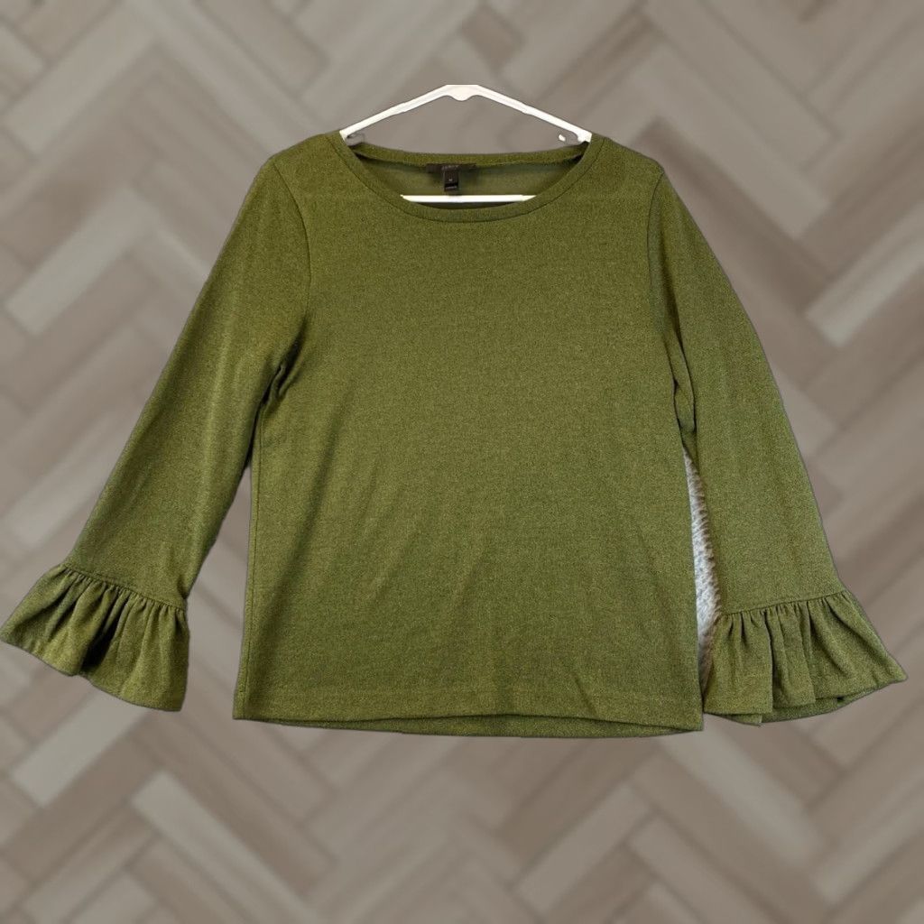 J.Crew J.CREW Women’s M Olive Green Glitter Sparkle Bell Sleeve Top 75-17 Bell Sleeve Blouse Lightweight Glitter Green Olive M Women’s J.CREW Size M / US 6-8 / IT 42-44 - 1 Thumbnail