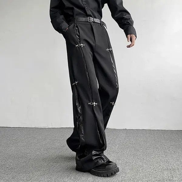 VIBE Avant garde retro buckle pu leather mix pleated pants Size US 29 - 1 Thumbnail