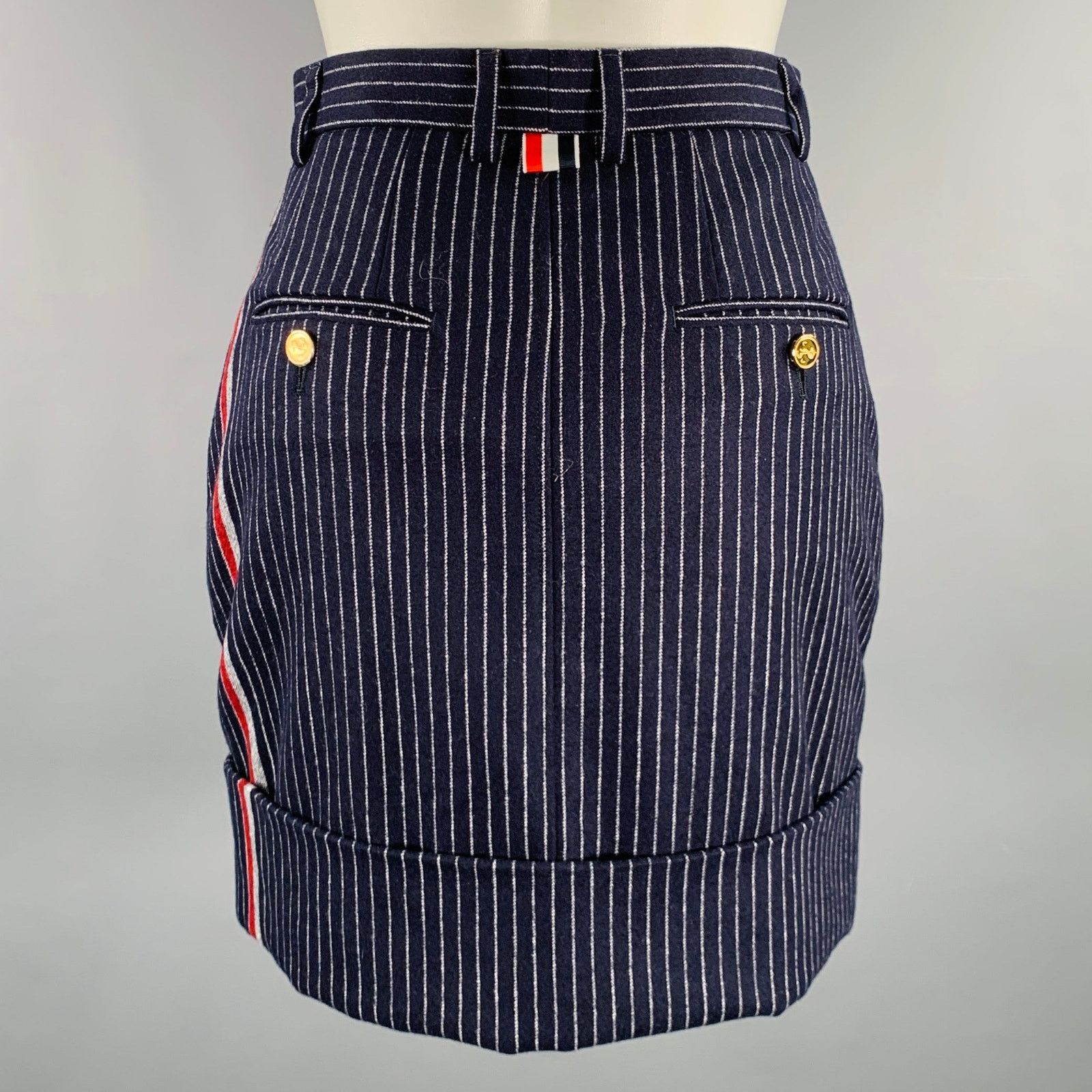 Thom Browne Size 0 Navy White Wool Cashmere Pinstripe Cuffed Mini Skirt Size 25" / US 0 / IT 36 - 2 Thumbnail
