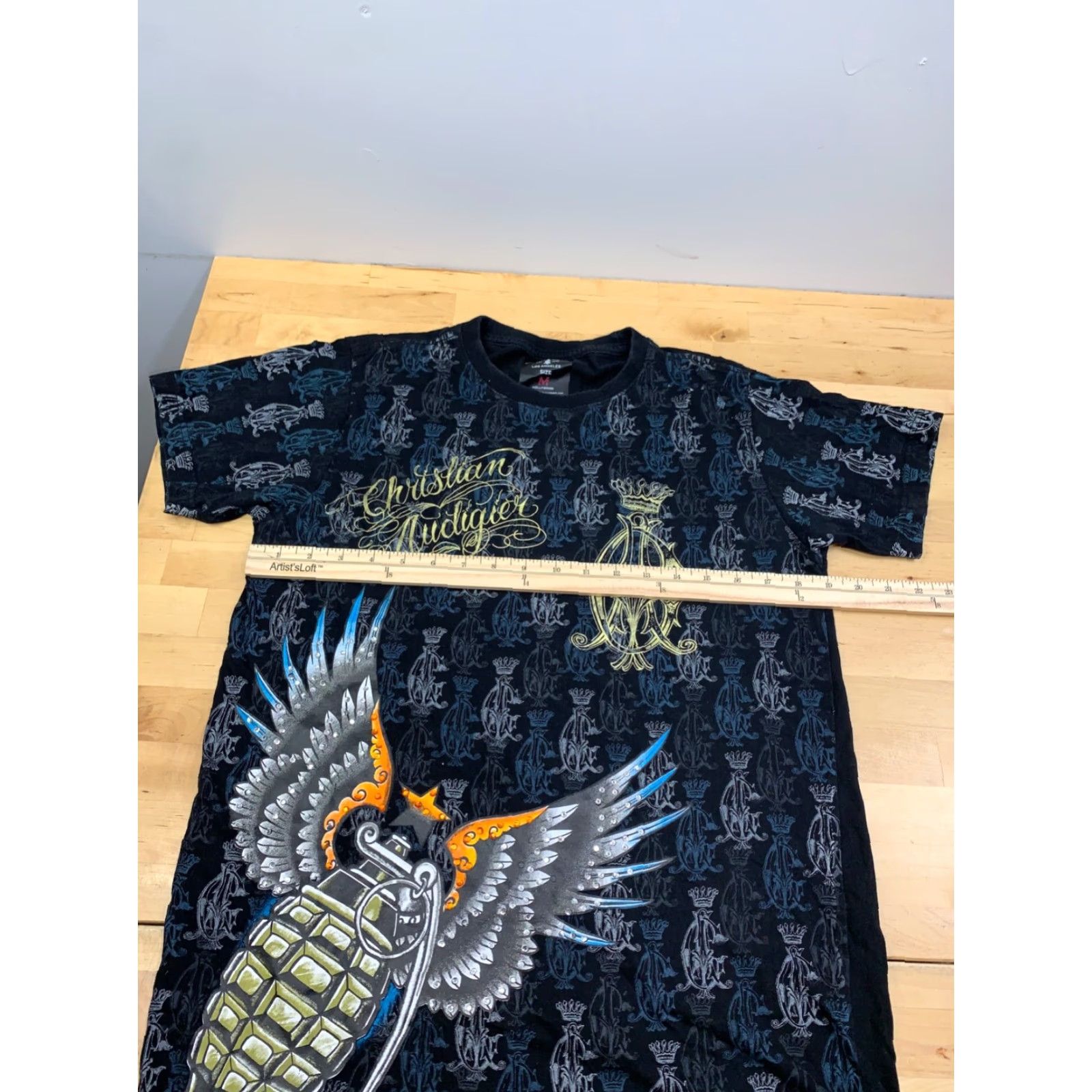 Vintage Christian Audigier Los Angeles Graphic Shirt Mens M Black Grenade Wings Tattoo Skull Designer T-Shirt Short Sleeve Size US M / EU 48-50 / 2 - 7 Thumbnail