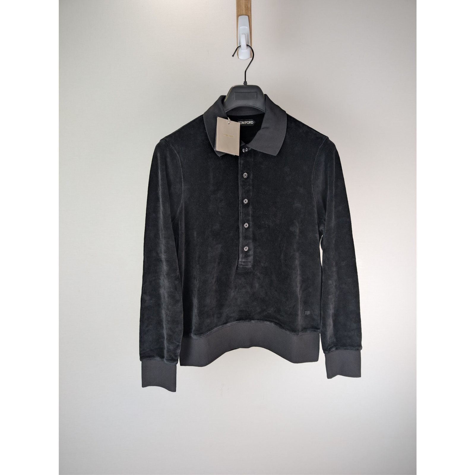 Tom Ford o1rshd1 Long Sleeve Velvet Polo Shirt in Black Size US M / EU 48-50 / 2 - 2 Thumbnail