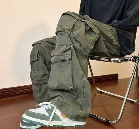 Japanese Brand Olive Green Baggy Cargo Pants - Y2K Skate Streetwear Size US 31 - 5 Thumbnail