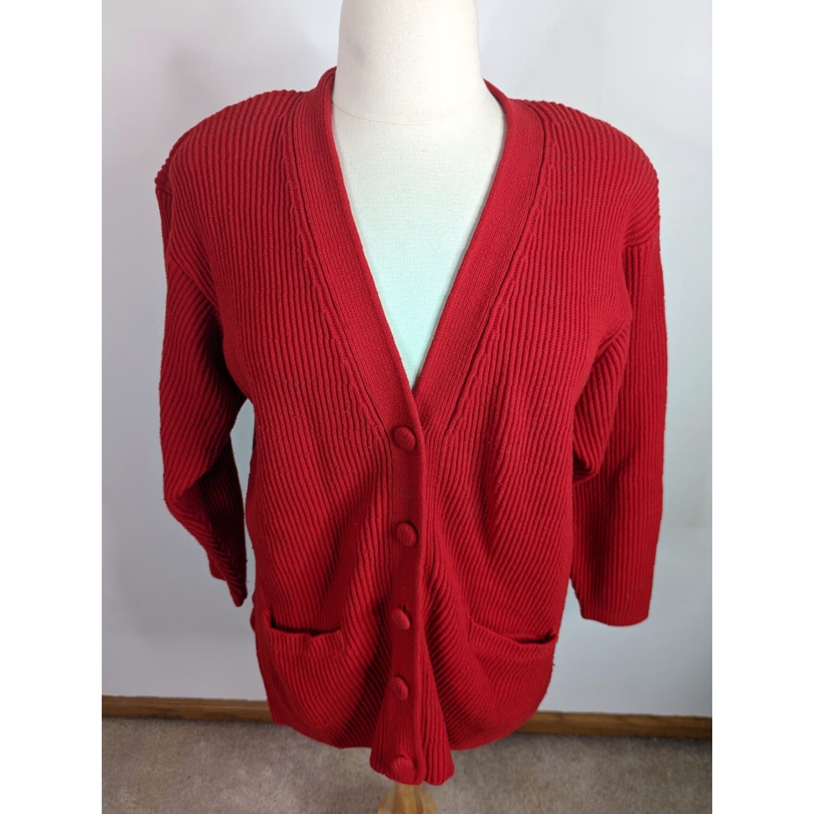 Vintage VINTAGE 80s Womens Large Ribbed Cardigan Sweater Red Vneck Cardigan Womens L Red 90s Featuring Shoulder Pads Size L / US 10 / IT 46 - 2 Thumbnail