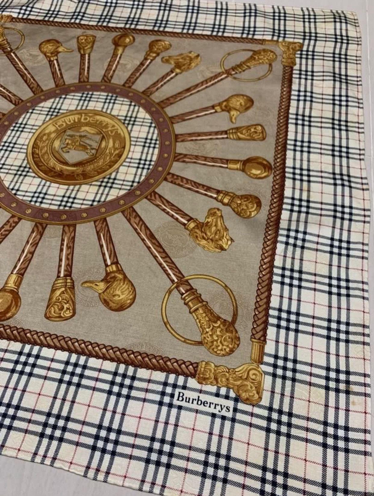 Burberry Vtg Burberrys Silk Scarf Nova Check Equestrian Walking Stick Size ONE SIZE - 3 Thumbnail
