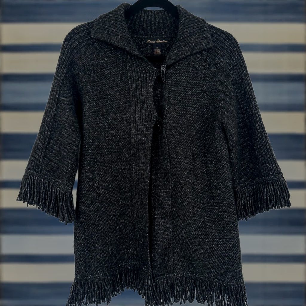 Vintage Marisa Christina Cardigan Women Charcoal Grey Wool Blend Fringe Toggle Knit 3/4 Sleeve Open Front Womens M Fall Winter Spring Knit Style Size M / US 6-8 / IT 42-44 - 1 Thumbnail