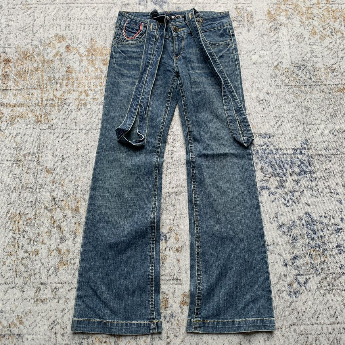 Japanese Brand Y2K Japanese Brand Wavelist Blue Wash Suspender Flared Jeans Size US 29 - 1 Thumbnail