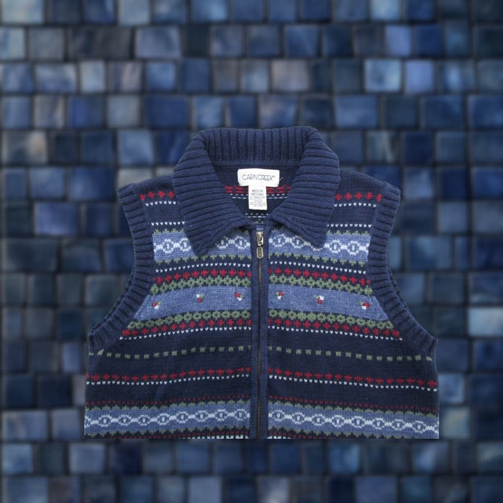 Vintage Cabin Creek Striped Fair Isle Full Zip Sweater Vest Women's M Collared Blue Sleeveless Vest Size M / US 6-8 / IT 42-44 - 1 Thumbnail