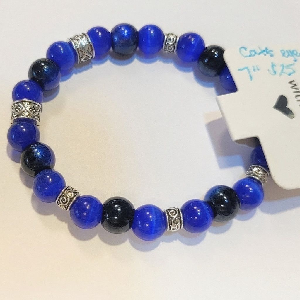 Handmade Natural Crystal Cat's Eye & Glass Beaded Bracelet 7" Size ONE SIZE - 3 Thumbnail