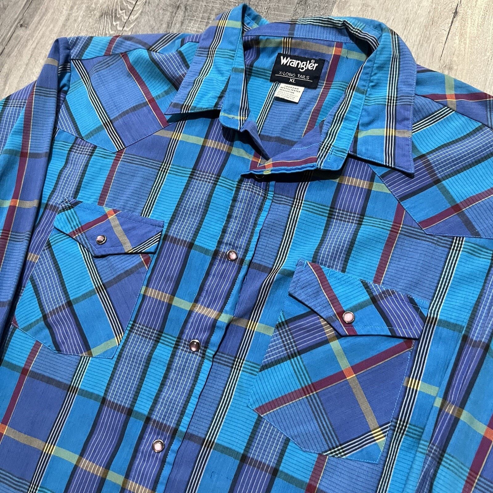 Wrangler VTG Wrangler XLong Tails Blue Plaid Western Pearl Snap Shirt Size US XL / EU 56 / 4 - 2 Thumbnail