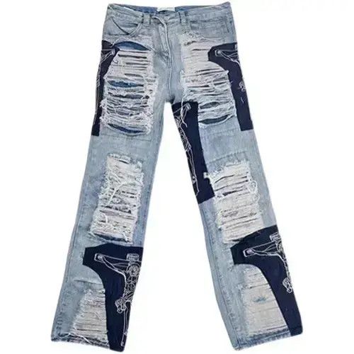 High street tassel patch ripped baggy jeans