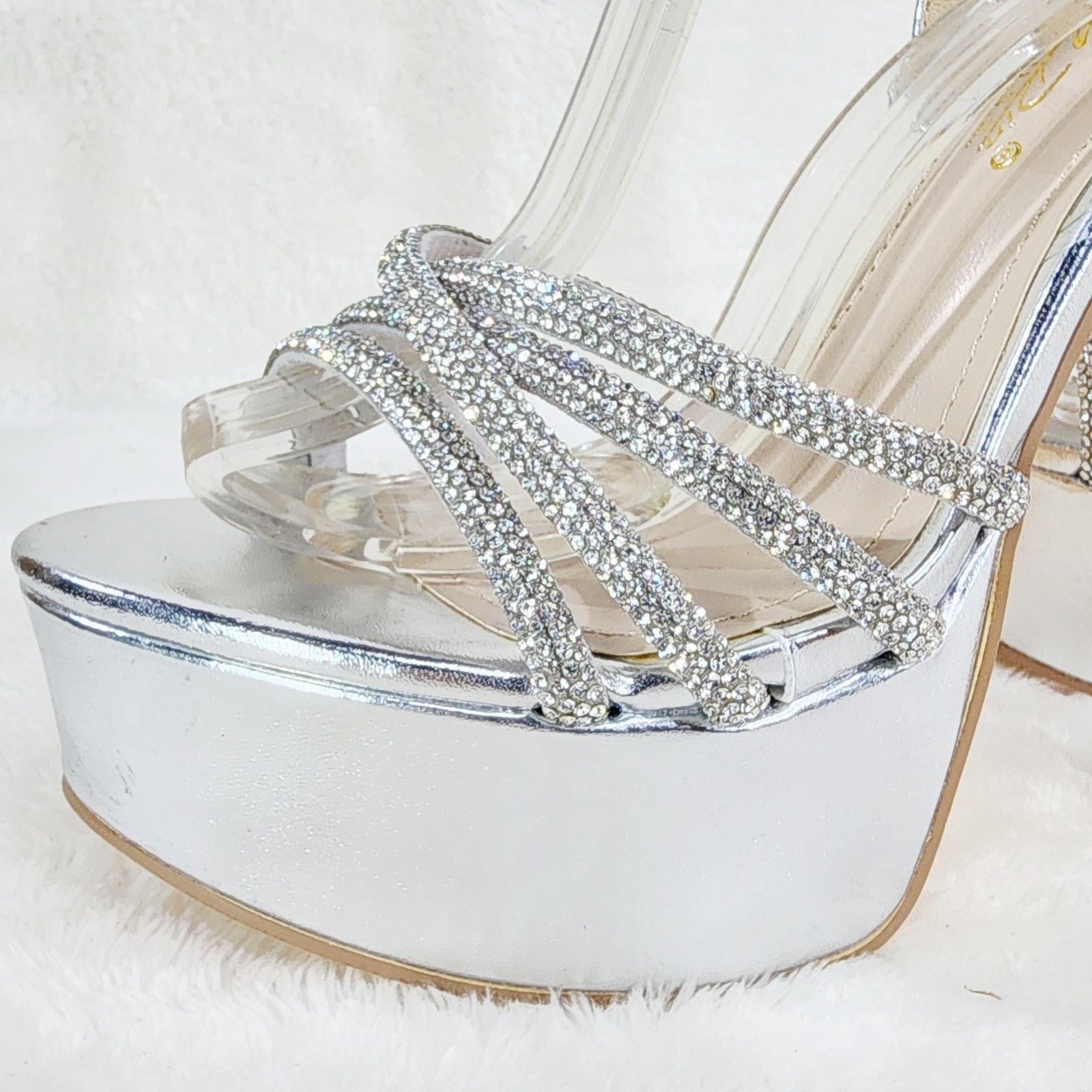 Other Silver Platform 6" High Heels Ankle Wrap Shoes Rhinestones Size US 9 / IT 39 - 6 Thumbnail