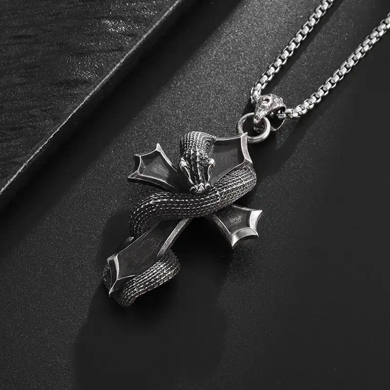 Jewelry × Vintage Gothic Retro Cross Dragon Snake Pendant Necklace Size ONE SIZE - 1 Thumbnail