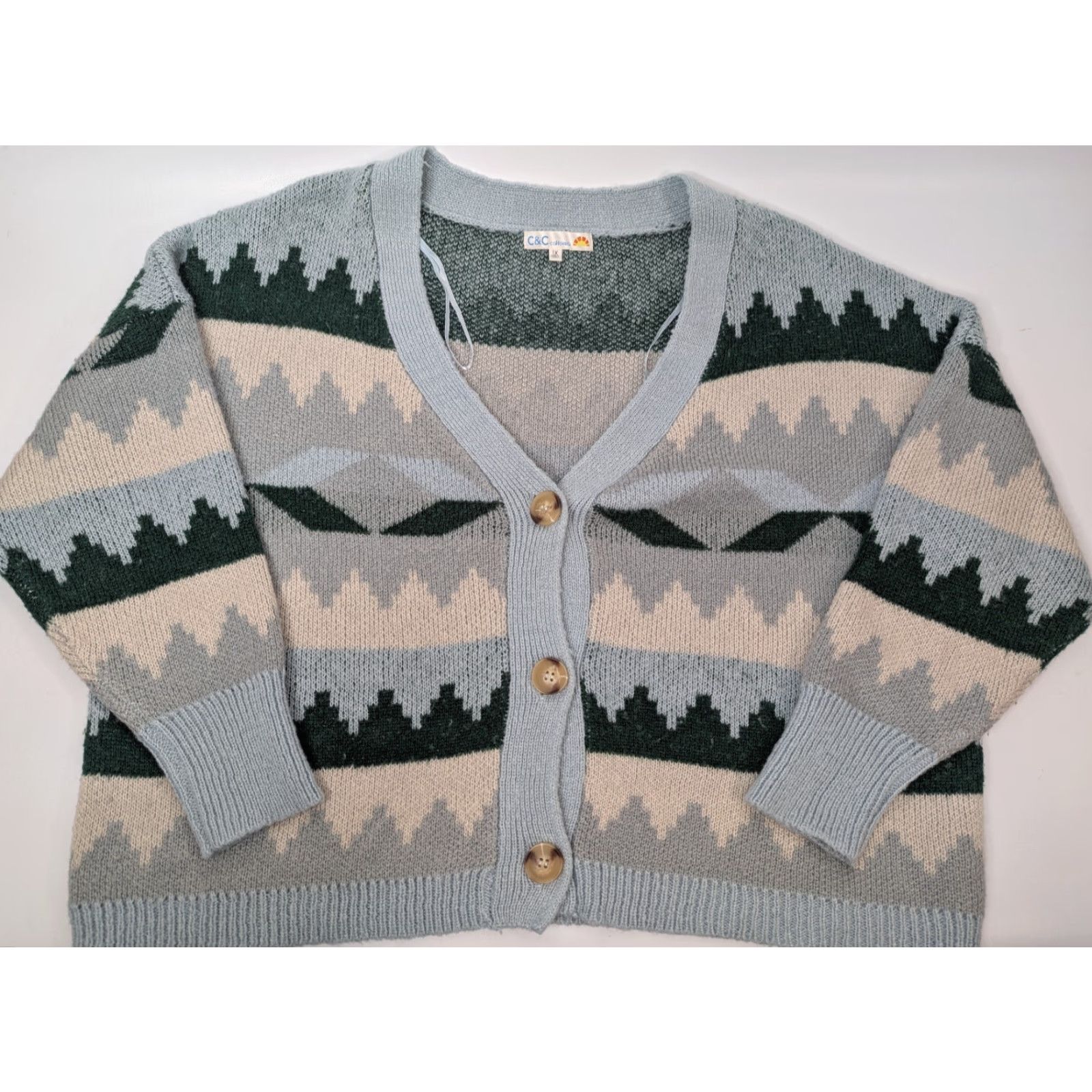 Vintage C&C California Cardigan Women 1X Boxy Jacquard Button V-Neck Knit Lightweight Blue Green Sweater Plus Size Size XL / US 12-14 / IT 48-50 - 2 Thumbnail