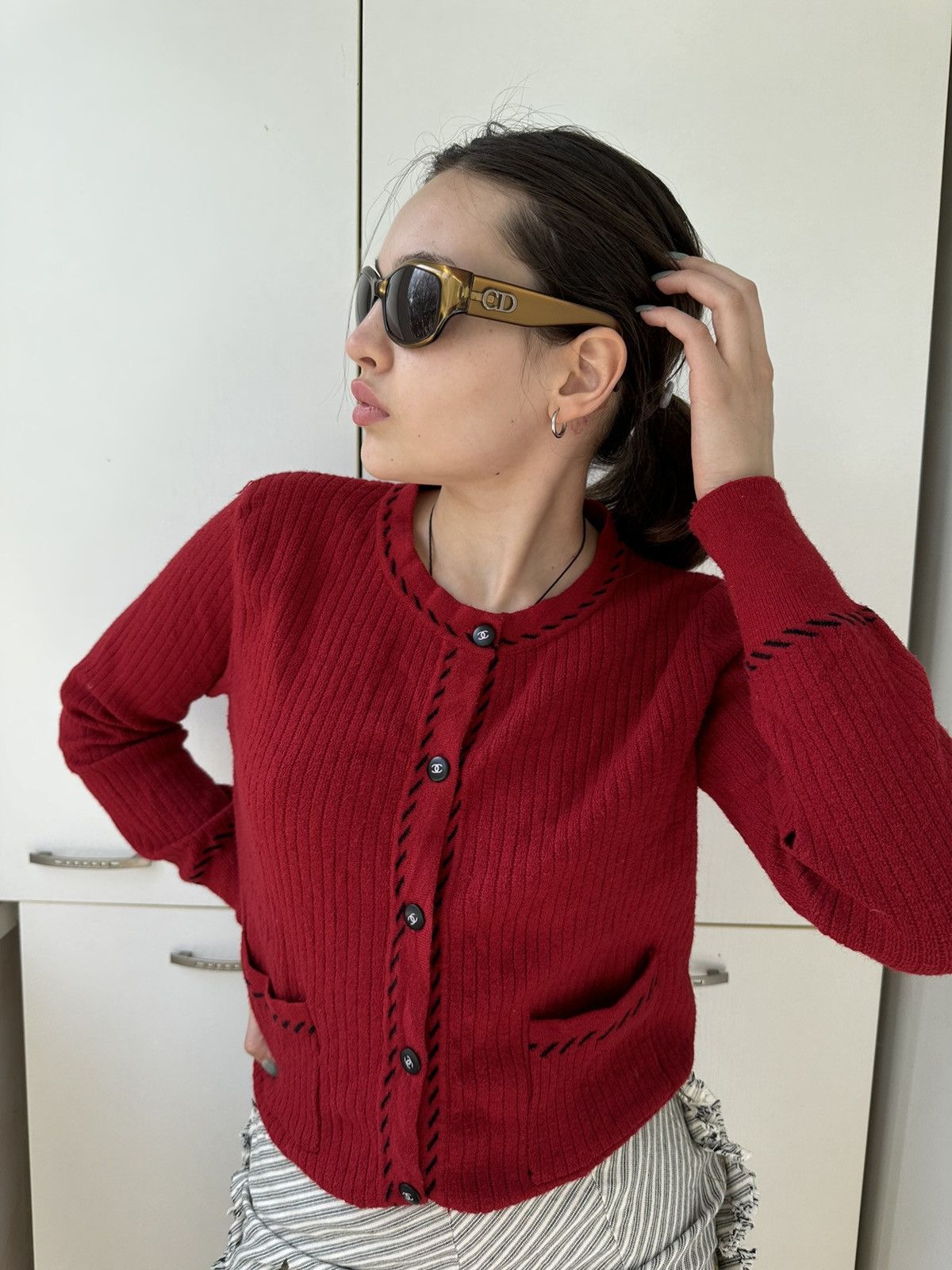 Image of Vintage Chanel Uniform Sweater in Red, Women's (Size Small)