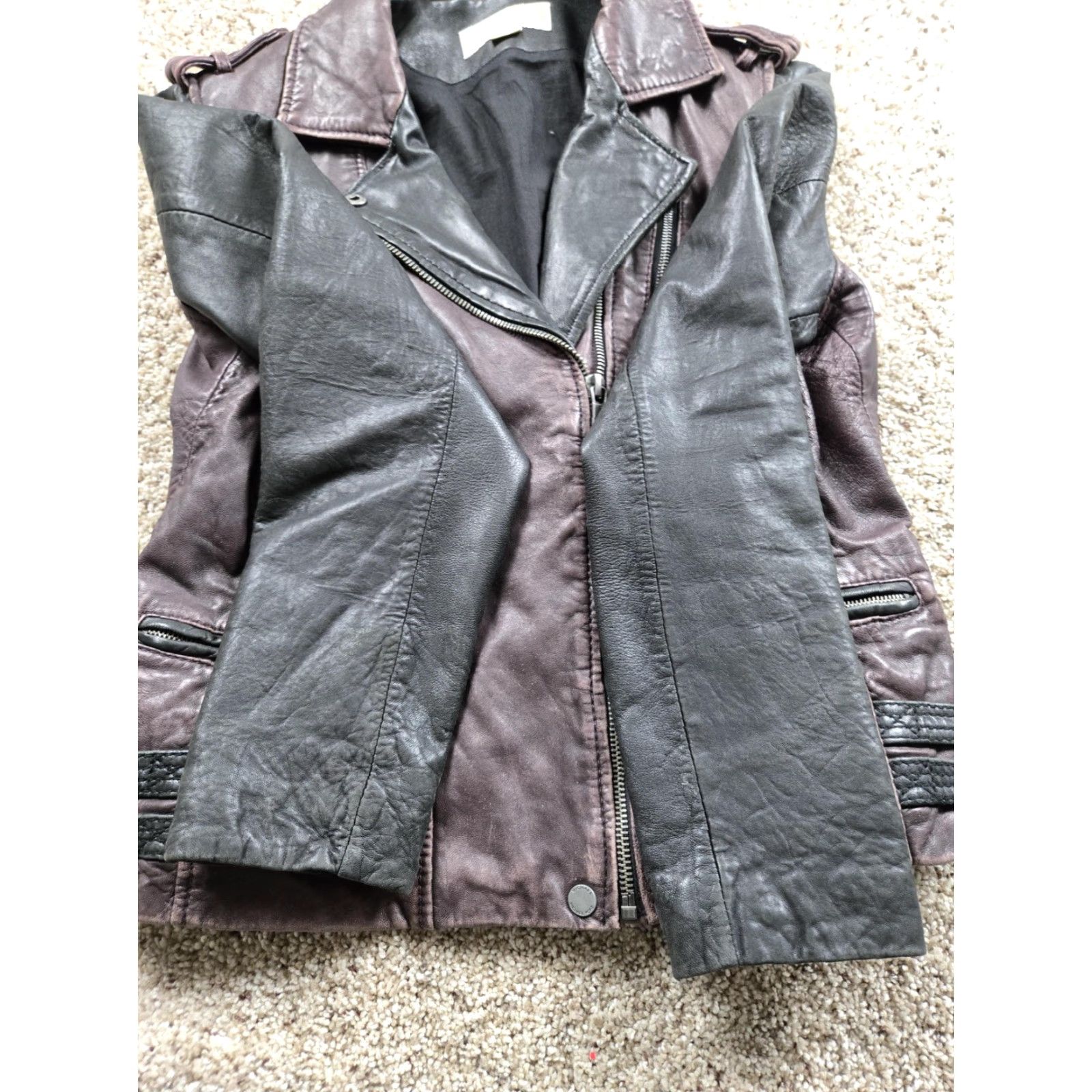 Michael Kors Michael Kors Leather Moto Jacket Womens S Burgundy Black Biker Zip Short Collared Lined Pockets Zipper Size S / US 4 / IT 40 - 4 Thumbnail
