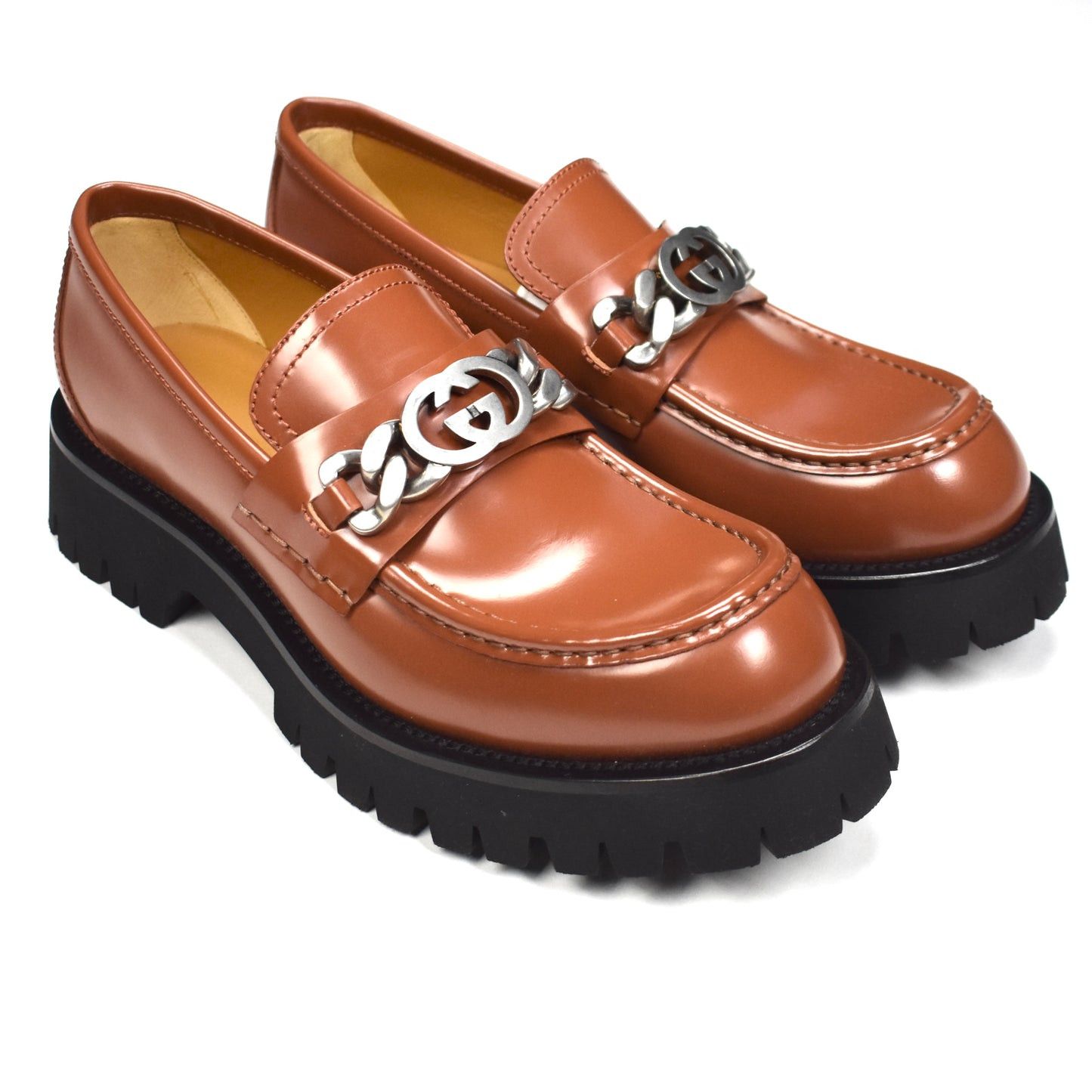 Gucci Gucci Brown Leather GG Chain Lug Loafers Cordovan Lux Size US 10 / EU 43 - 1 Thumbnail